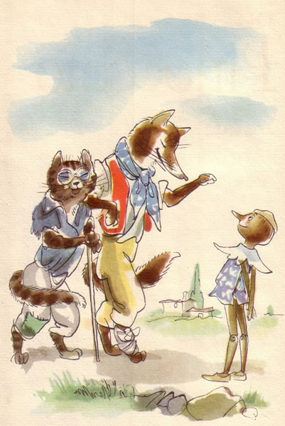 Il povero Pinocchio ha la sfortuna di incontrare la Volpe e il Gatto...