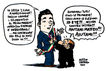 Matteo Renzi e Silvio Berlusconi, secondo Alessio Spataro, su "left" 17 del 29 aprile.