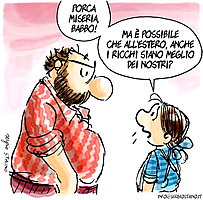 A sinistra, la vignetta di Staino su "L'Unit" del 31 agosto 2011 (tratta dal sito "Segnalazioni"). A destra (e dove se no?), per la serie "La peggior borghesia d'Europa", Carlo De Benedetti, editore de "La Repubblica".
