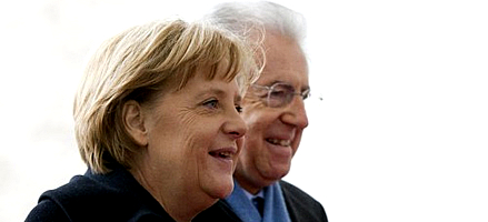 Per la serie "Mercanti di Schiavi per le Tirannie finanziarie globali": la Merkel e il Monti sul ponte di comando della nave negriera "Unione Europea".