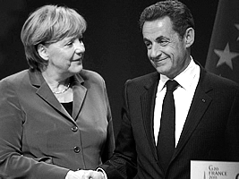 Per la serie "Corsi e ricorsi storici": il maresciallo Petain-Sarkozy, a sinistra, con il fuehrer Hitler-Merkel.