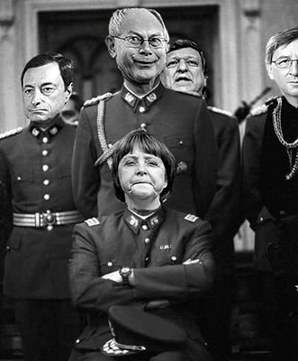 Per la serie "Golpe Europeo": la Giunta naziliberista europea. Da sinistra: il Draghi (con la faccia da ideologo gesuita della tortura, il Van Rompuy (con la faccia da pazzo), la Merkel, seduta (con la faccia da nazista), il Barroso (dietro il Van Rompuy) e il Juncker. Il Monti non si vede perch l'hanno legato alla gamba di un tavolo.