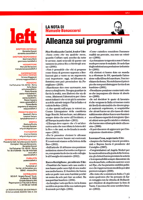 contro il bis-compromesso storico Bersani-Casini, bella doppia pagina di left di sabato 30 giugno 2012.