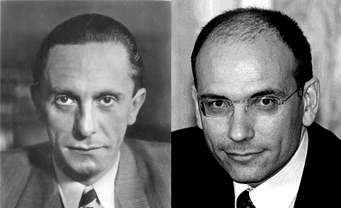 Joseph Goebbels (1897-1945), ministro della Propaganda di Hitler (a inistra), ed Enrico Letta (a destra), ministro della Propaganda del Monti.