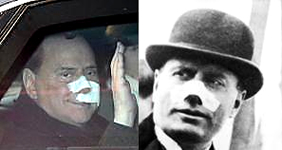 Silvio Berlusconi e Benito Mussolini coi cerotti al naso.