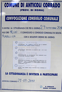 Comune di Anticoli Corrado. Convocazione del Consiglio comunale di mercoled 29 settembre 2010.